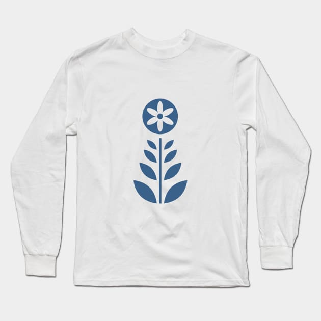 Scandinavian Retro Flowers Navy Blue on Beige Long Sleeve T-Shirt by Pinkdeer